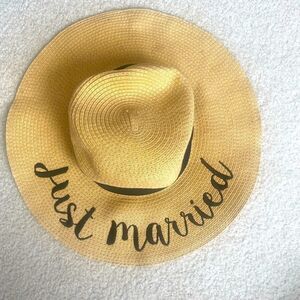 EMBROIDERED "JUST MARRIED" WIDE
BRIM STRAW SUN HAT by C.C.